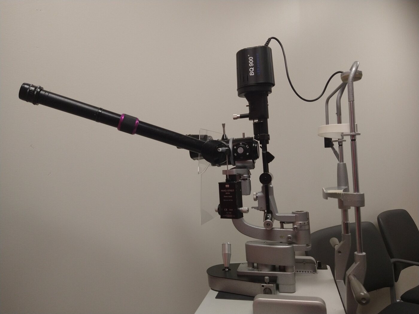 Slit lamp microscope in an optometry examination room